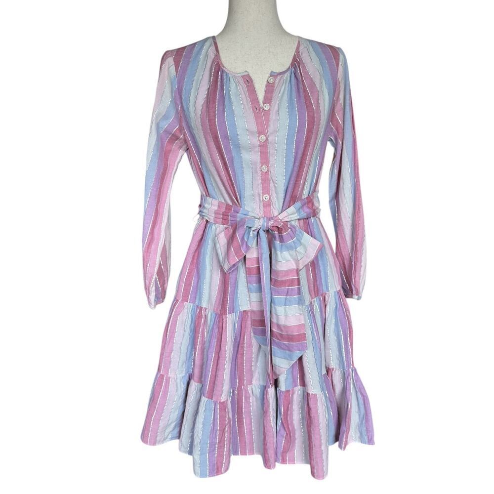 J.Crew Re-Imagined Pastel Stripe Metallic Thread Tiered Belted Dress XS - Picture 1 of 8